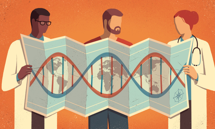 Physicians and patient holding roadmap with DNA helix