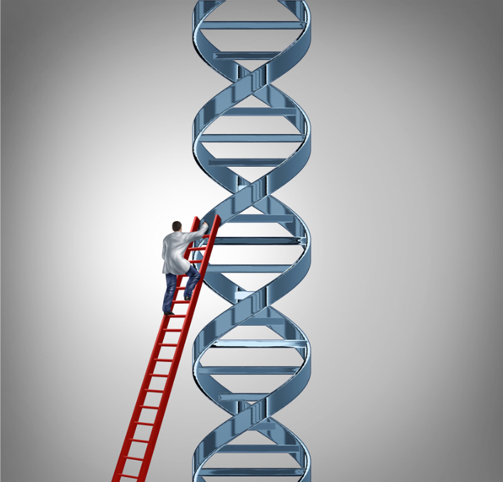 Geneticist climbing a ladder